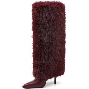Womens Brown Fur Knee High Boots with Heels Wide Calf Tall Fold Over Party Boots
